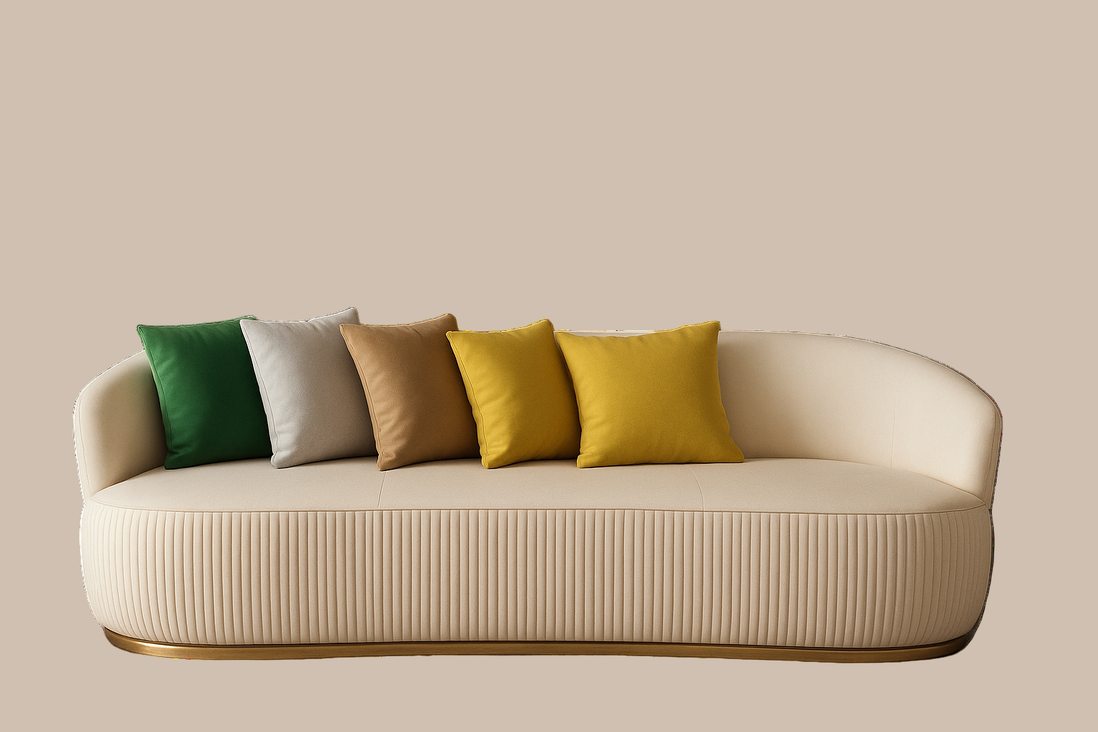 Beige sofa with colorful cushions against a brown paneled wall.